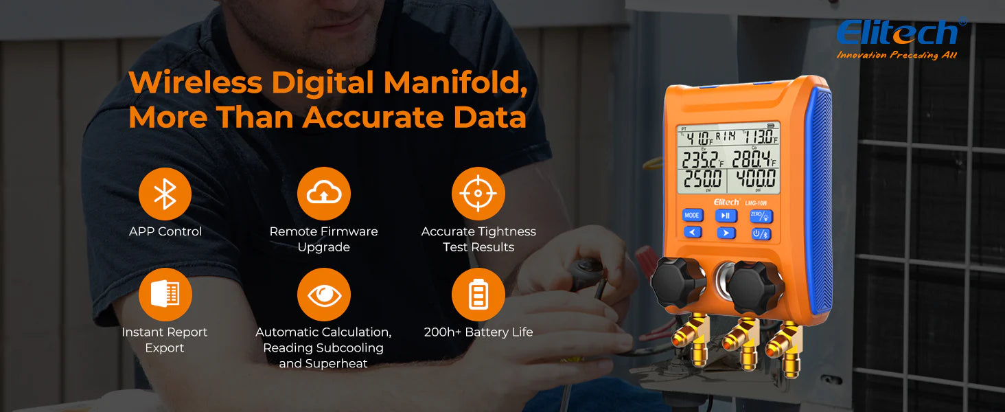 Elitech Digitalt 2-Vägs Manometerställ, Bluetooth, 2 Temperaturklämmor ctscooling ctscooling.com