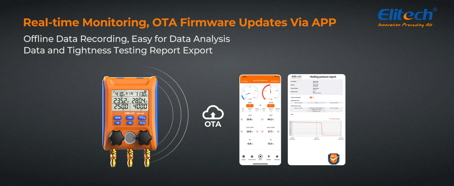 Elitech Digitalt 2-Vägs Manometerställ, Bluetooth, 2 Temperaturklämmor ctscooling ctscooling.com
