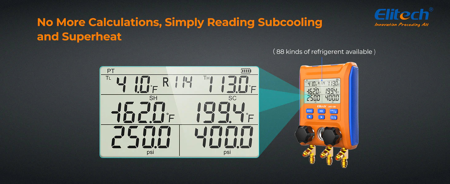 Elitech Digitalt 2-Vägs Manometerställ, Bluetooth, 2 Temperaturklämmor ctscooling ctscooling.com