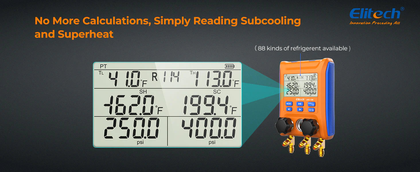 Elitech Digitalt 2-Vägs Manometerställ, Bluetooth, 2 Temperaturklämmor ctscooling ctscooling.com